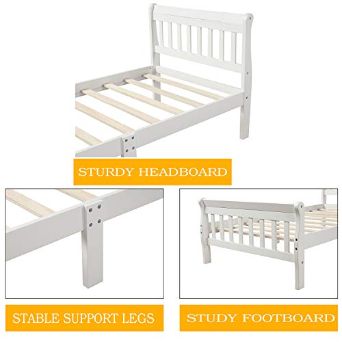 Voohek Twin Size Platform Bed Frame with Headboard, Footboard and Wood Slat Support, Sleigh Beds with Extra Supporting Legs, No Box-Spring Needed, White