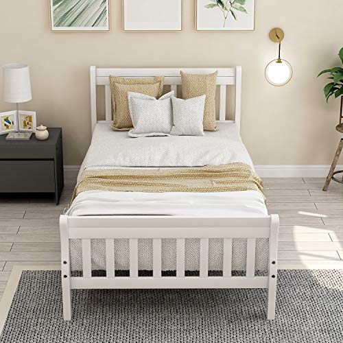 Voohek Twin Size Platform Bed Frame with Headboard, Footboard and Wood Slat Support, Sleigh Beds with Extra Supporting Legs, No Box-Spring Needed, White