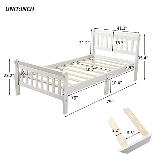 Voohek Twin Size Platform Bed Frame with Headboard, Footboard and Wood Slat Support, Sleigh Beds with Extra Supporting Legs, No Box-Spring Needed, White