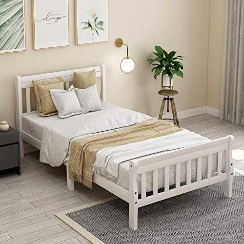 Voohek Twin Size Platform Bed Frame with Headboard, Footboard and Wood Slat Support, Sleigh Beds with Extra Supporting Legs, No Box-Spring Needed, White