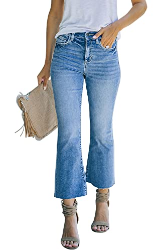 LOOKUB Women's High Waisted Crop Flare Jeans for Women Cropped Bell Bottom Jeans for Women Denim Pants with Live Hem,Light Blue,M