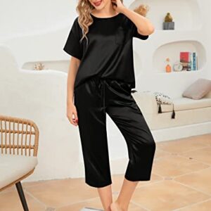 SWOMOG Womens 2 Piece Satin Pajamas Silk Short Sleeve Pjs Sets Capri Bottom Pajama Pants Soft Outfits with Pockets Black