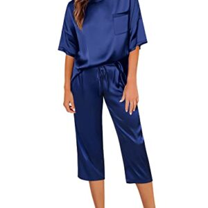 SWOMOG Womens 2 Piece Satin Pajamas Silk Short Sleeve Pjs Sets Capri Bottom Pajama Pants Loose Outfit with Pockets Navy Blue