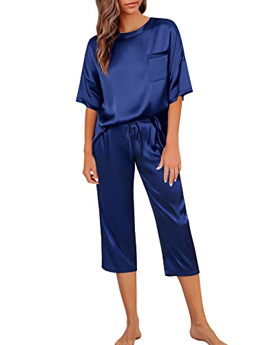 SWOMOG Womens 2 Piece Satin Pajamas Silk Short Sleeve Pjs Sets Capri Bottom Pajama Pants Loose Outfit with Pockets Navy Blue