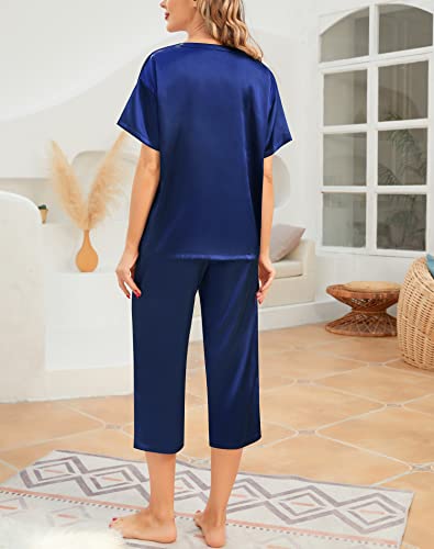 SWOMOG Womens 2 Piece Satin Pajamas Silk Short Sleeve Pjs Sets Capri Bottom Pajama Pants Loose Outfit with Pockets Navy Blue