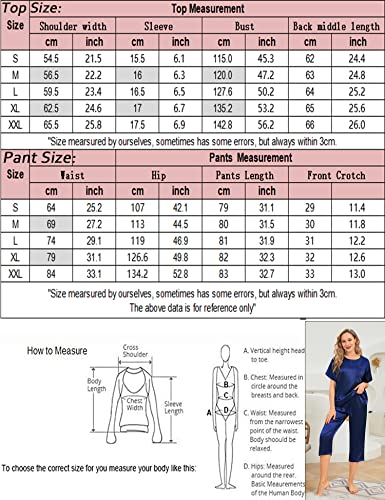 SWOMOG Womens 2 Piece Satin Pajamas Silk Short Sleeve Pjs Sets Capri Bottom Pajama Pants Loose Outfit with Pockets Navy Blue