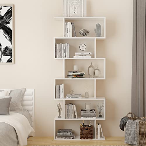 Boloni Geometric Bookcase with 2 Bookends, 6 Tier Modern Bookshelf, 76in Tall White Bookshelf, Freestanding Lego Display Shelves