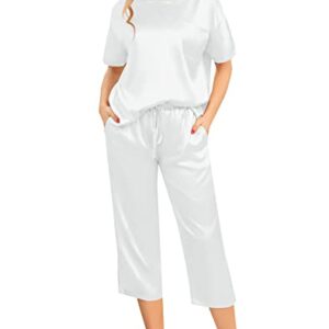 SWOMOG Womens 2 Piece Satin Pajamas Silk Short Sleeve Pjs Sets Capri Bottom Pajama Pants Soft Outfits with Pockets White