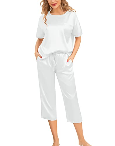 SWOMOG Womens 2 Piece Satin Pajamas Silk Short Sleeve Pjs Sets Capri Bottom Pajama Pants Soft Outfits with Pockets White