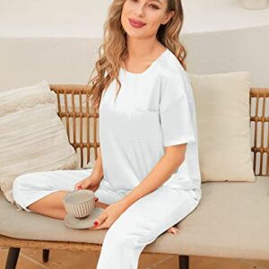 SWOMOG Womens 2 Piece Satin Pajamas Silk Short Sleeve Pjs Sets Capri Bottom Pajama Pants Soft Outfits with Pockets White