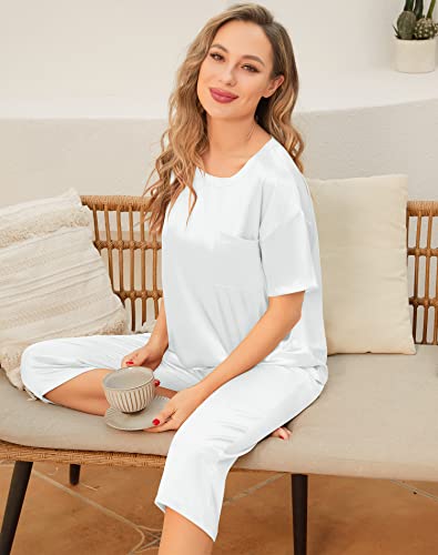 SWOMOG Womens 2 Piece Satin Pajamas Silk Short Sleeve Pjs Sets Capri Bottom Pajama Pants Soft Outfits with Pockets White