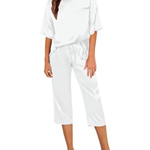 SWOMOG Womens 2 Piece Satin Pajamas Silk Short Sleeve Pjs Sets Capri Bottom Pajama Pants Soft Outfits with Pockets White