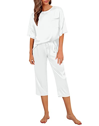 SWOMOG Womens 2 Piece Satin Pajamas Silk Short Sleeve Pjs Sets Capri Bottom Pajama Pants Soft Outfits with Pockets White