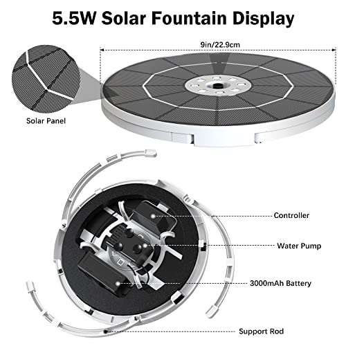 AISITIN 5.5W LED Solar Fountain Pump with Colorful Lights & 3000mAh Battery, 2023 Upgrade Solar Bird Bath Fountain Pump with Multiple Nozzle