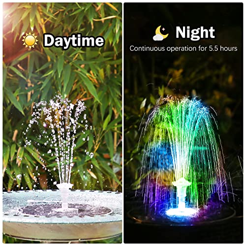 AISITIN 5.5W LED Solar Fountain Pump with Colorful Lights & 3000mAh Battery, 2023 Upgrade Solar Bird Bath Fountain Pump with Multiple Nozzle