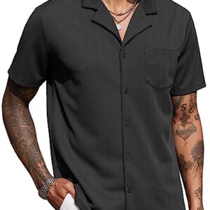 COOFANDY Men's Button Down Cuban Short Sleeve Shirts Textured Crochet Camp Black Shirts