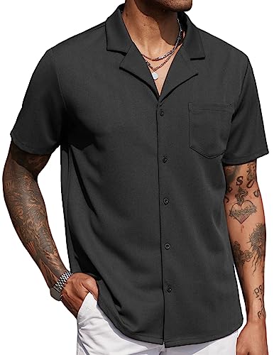 COOFANDY Men's Button Down Cuban Short Sleeve Shirts Textured Crochet Camp Black Shirts