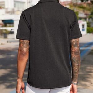 COOFANDY Men's Button Down Cuban Short Sleeve Shirts Textured Crochet Camp Black Shirts