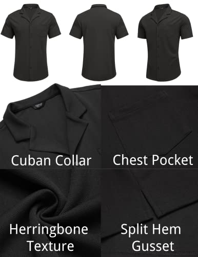 COOFANDY Men's Button Down Cuban Short Sleeve Shirts Textured Crochet Camp Black Shirts