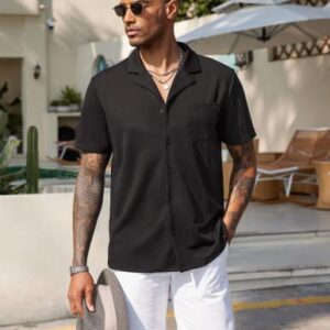 COOFANDY Men's Button Down Cuban Short Sleeve Shirts Textured Crochet Camp Black Shirts