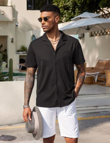 COOFANDY Men's Button Down Cuban Short Sleeve Shirts Textured Crochet Camp Black Shirts