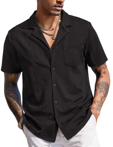 COOFANDY Men's Button Down Cuban Short Sleeve Shirts Textured Crochet Camp Black Shirts