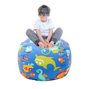 stuffed animal storage bean bag chair cover for kids girls toddler, extra large toy storage organizer beanbag chair without filling for boys children room, sea 32"