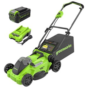 greenworks 40v 16" trubrushless™ cordless lawn mower (push button start / up to 45 minutes runtime), 4.0ah battery and charger included