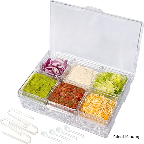 ImpiriLux Ice Chilled Six Compartment Condiment Server Caddy - Serving Tray Container with 6 Removable Dishes Each with 3.5 Cup Capacity | Domed Hinged Lid | 4 Serving Spoons + 4 Tongs Included