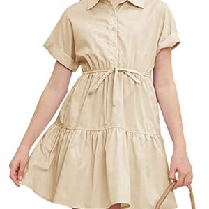 Auburet Easter Dresses for Girls Button Up Tiered Ruffle V Neck Collar Pleated Waist Cute Midi Dresses 5-18 Years Kids Beige