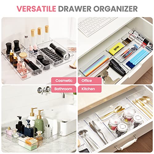 HOUSE DAY Makeup Drawer Organizer Trays 24 PCS, 4-Size Clear Drawer Organizers with Silicone Pads, Vanity Organizers and Storage, Non Slip Plastic Drawer Organizer for Desk, Bathroom, Kitchen, Office