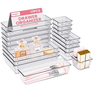 house day makeup drawer organizer trays 17 pcs, 4-size clear drawer organizers with silicone pads, vanity organizers and storage, non slip plastic drawer organizer for desk, bathroom, kitchen, office