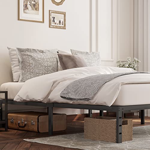 zunatu 14 Inch Full Metal Bed Frame Foundation No Box Spring Needed Heavy Duty Tall Platform with Large Storage Easy Assembly Mattress Noise Free, Black