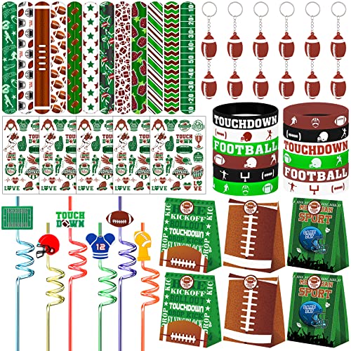 Football Party Favors 72 PCS Football theme Slap Bracelet Keychain Tattoo Stickers Plastic Straws Silicone Bracelet Gift Bags for Kids Sports Theme Birthday Party Gift Giving Classroom Rewards