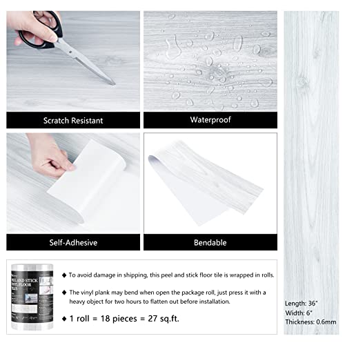 LaCheery 36"x6" 18 Tiles Bathroom Floor Tiles Peel and Stick Waterproof Sticky Floor Tile Grey White Oak Wood Plank Vinyl Flooring Tiles Peel and Stick for Bathroom Self Adhesive Vinyl Floor Tiles