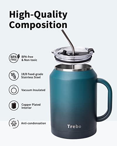 Trebo 50 oz Mug Tumbler with Handle, Stainless Steel Coffee Cup with 2 Lids and 2 Straws,Double Wall Vacuum Insulated Large Bottle,Reusable Flask Keeps Cold for 36 Hrs/Hot for 24 Hrs,Blue Indigo/Black