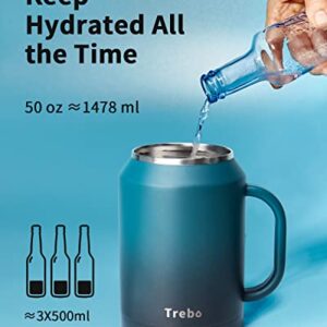 Trebo 50 oz Mug Tumbler with Handle, Stainless Steel Coffee Cup with 2 Lids and 2 Straws,Double Wall Vacuum Insulated Large Bottle,Reusable Flask Keeps Cold for 36 Hrs/Hot for 24 Hrs,Blue Indigo/Black