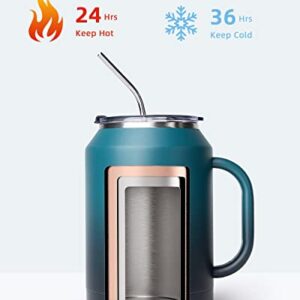 Trebo 50 oz Mug Tumbler with Handle, Stainless Steel Coffee Cup with 2 Lids and 2 Straws,Double Wall Vacuum Insulated Large Bottle,Reusable Flask Keeps Cold for 36 Hrs/Hot for 24 Hrs,Blue Indigo/Black