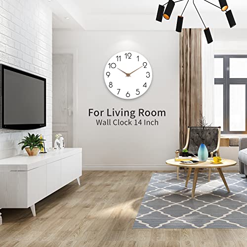 cicininc 14 Inch Wall Clock - Wooden Silent Wall Clocks Battery Operated Non Ticking, Modern Simple Clock for Bathroom, Office, Bedroom, Home, Kitchen, Living Room(14"-White)