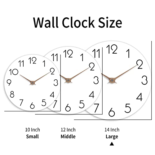 cicininc 14 Inch Wall Clock - Wooden Silent Wall Clocks Battery Operated Non Ticking, Modern Simple Clock for Bathroom, Office, Bedroom, Home, Kitchen, Living Room(14"-White)