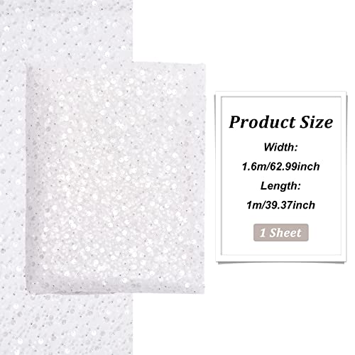 BENECREAT 63x39 Inch Glitter Tulle Fabric with Sequin and Beads, White Ribbon Netting Fabric for Clothing Accessories Sewing Quilting Apparel Crafts Decor