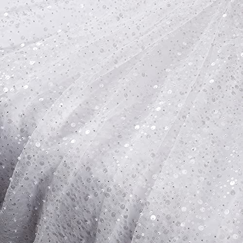 BENECREAT 63x39 Inch Glitter Tulle Fabric with Sequin and Beads, White Ribbon Netting Fabric for Clothing Accessories Sewing Quilting Apparel Crafts Decor