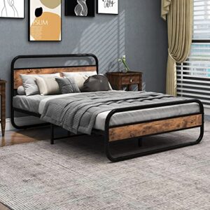 albearing metal full size bed frame with wooden headboard and footboard, heavy duty oval-shaped platform bed with under-bed storage, steel slats mattress foundation round pipe design，brown