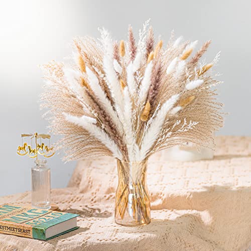 93PCS Natural Pampas Grass Mix Bouquet | Dried Pampas Bouquet for Wedding Boho Flowers Home Table Decor Desk Decor, Rustic Farmhouse