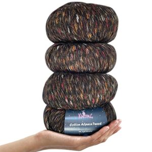 cotton alpaca tweed, 3 dk, light worsted yarn pack of 4 (588yds/200g), super soft fluffy blend for knitting and crocheting hats, shawls, garments, blankets (black charcoal)