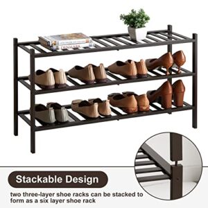 Furshus Long Shoe Rack, 3-Tier Bamboo Stackable Shoe Shelf Storage Organizer, Shoe Stand for Closet, Entryway and Hallway
