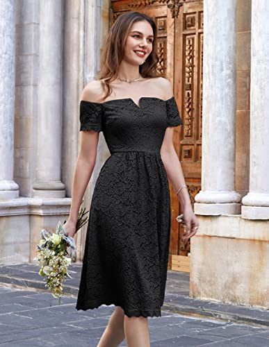 Women's Wedding Dress Short Sleeve Lace Dress Bridal Shower A Line Bridsmaid Party Dresses Black M