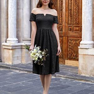 Women's Wedding Dress Short Sleeve Lace Dress Bridal Shower A Line Bridsmaid Party Dresses Black M