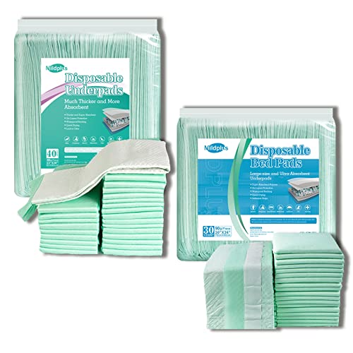 MILDPLUS Disposable Underpads with Adhesive Strips 30X36 (30 Count) and 23X36 (40 Count) Heavy Absorbency Incontinence Pads, Waterproof Pee Pads, Thicker Chux Pads for Unisex Adult, Kids and Pet