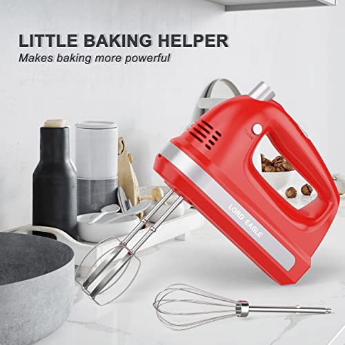 Lord Eagle Electric Hand Mixer Mini, 300W Power Handheld Mixer Kitchen for 5-Speed Baking Cake Egg Cream Food Beaters Whisk, with Snap-On Storage Case, Red